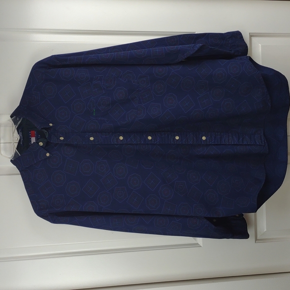 Men's Hilfiger Vtg. LS BU Cotton Navy Blue Geometric Pattern Mirror Inside Shirt - Picture 2 of 13